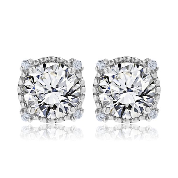 Pendientes Tipo Botón JeenMata Con Circonita Cúbica de 3,5 Quilates y Halo Milgrain en Oro Blanco de 18 K sobre Plata