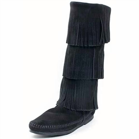 Minnetonka Women's 3-Layer Fringe Boot,Black,9 M US