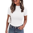 thumbnail image 3 of PRETTYGARDEN Short Sleeve T Shirts for Women Summer Clothes Casual Spring Tops Ruffle Mock Neck Ribbed Fitted Basic Tees, 3 of 9