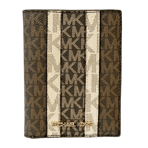 Michael Kors Jet Set Travel Passport Case Wallet MK Signature Brown Gold