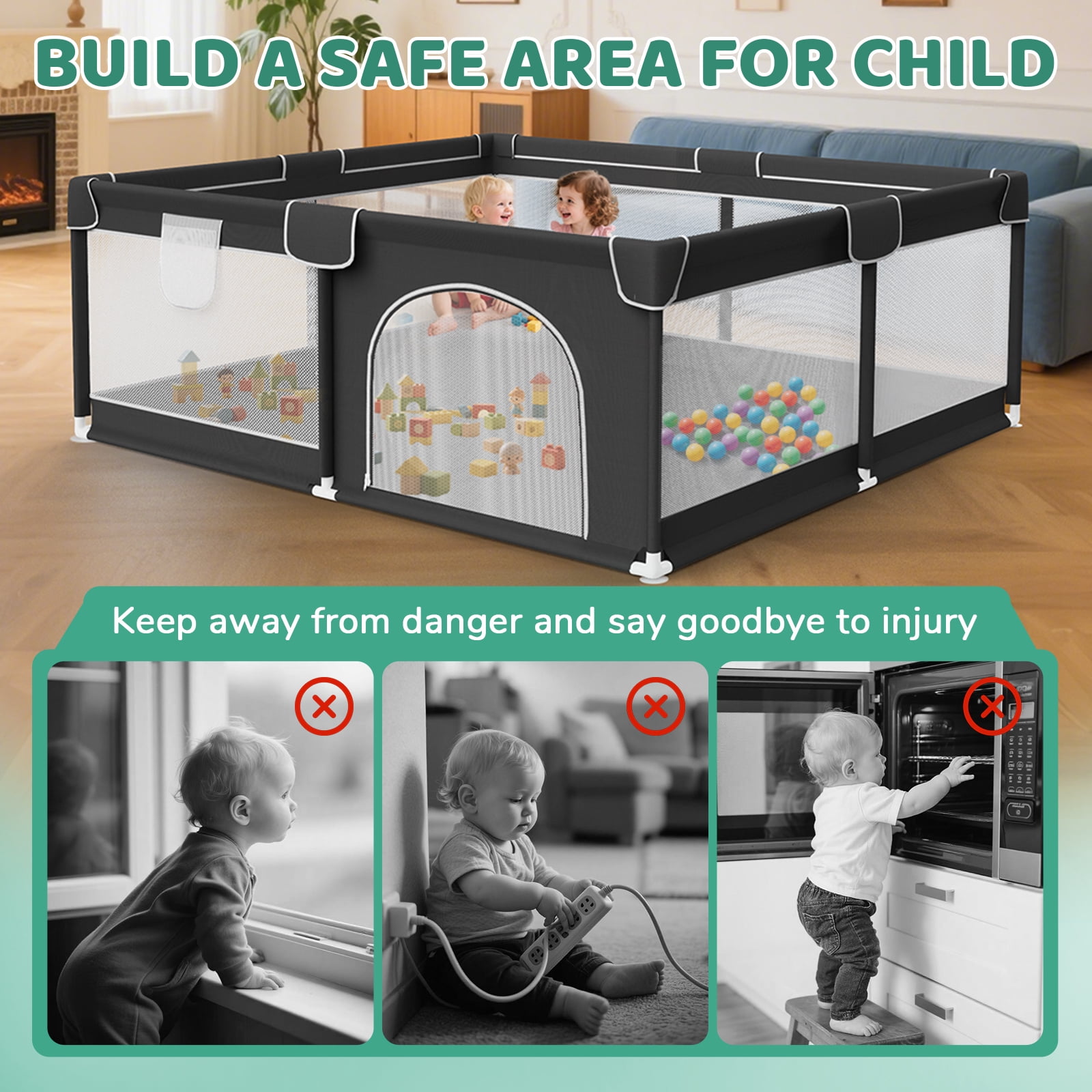 Baby Playpen for Babies and Toddlers, 64"x 64" Large & Sturdy Playard with 2 Handles, Safe Activity Center with Non-Slip Suckers, Black