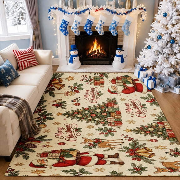 Gelasgo Velvet Rectangle Area Rug, Vintage Christmas Pattern Santa Reindeer Tree Soft Winter Holiday Floor Mat Carpet for Living Room