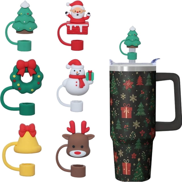 Piezas de Tapas de Silicona para Popotes de Navidad - Protector Reutilizable de Lazo Rosa con Patrón Navideño para Popotes de 0.4 Pulgadas, Accesorios para Vasos de Invierno (Green)