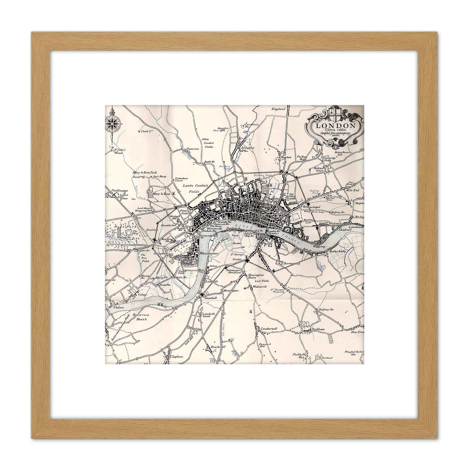 Wooden Art London Picture England City 1930 1660 Map Mount Print with Plan Crown Framed Wall Inch Square 8X8 Chart
