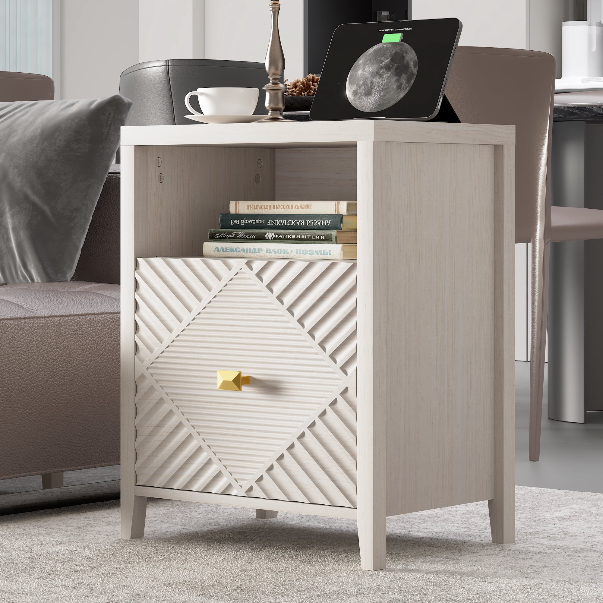 Nightstand with Charging Station 19.68x17.16x25.2 Inch 2 USB 2 Outlets for Bedroom Living Room