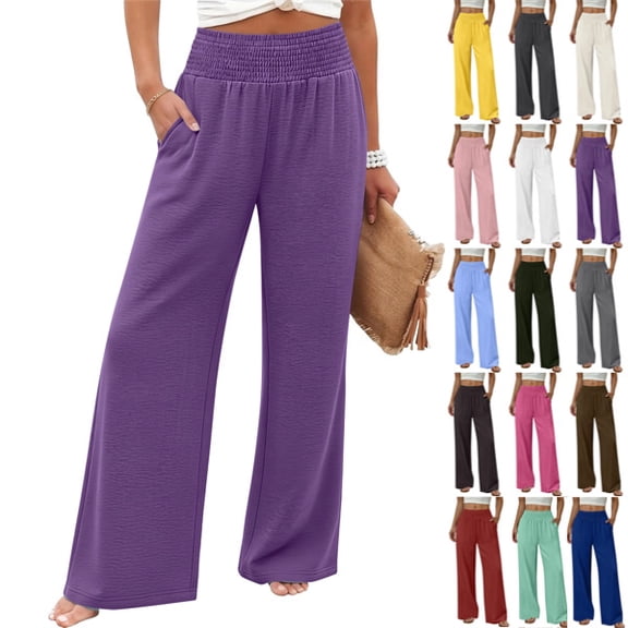 Women Palazzo Pants Summer Flowy Wide Leg High Waist Lounge Trousers with Pockets 2026 Casual Beach Vacation Purple XXL