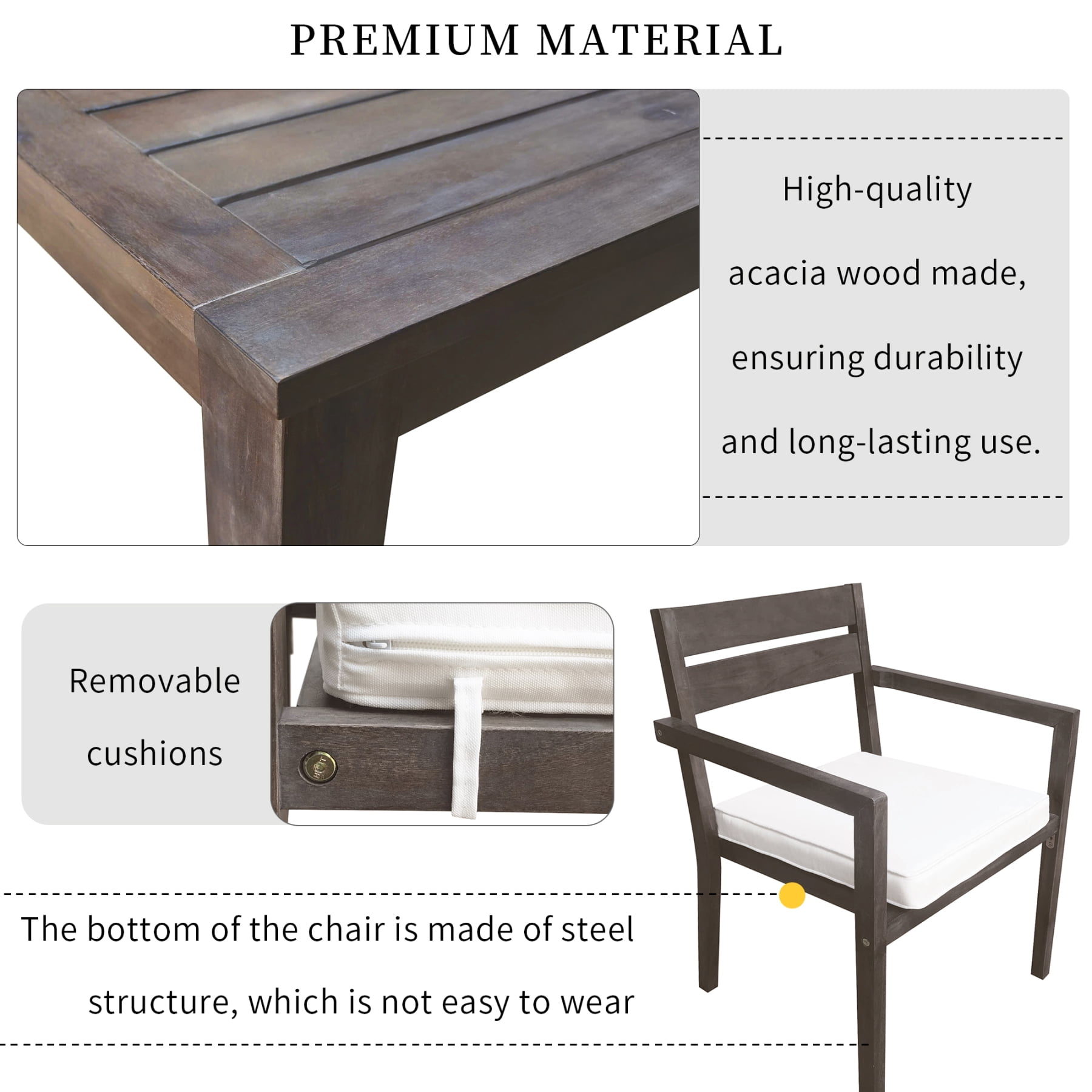 Harper & Bright Designs 7 Piece Acacia Wood Outdoor Dining Set for 6, Wood Table and Chairs with Soft Cushion for Patio Balcony and Backyard, Grey