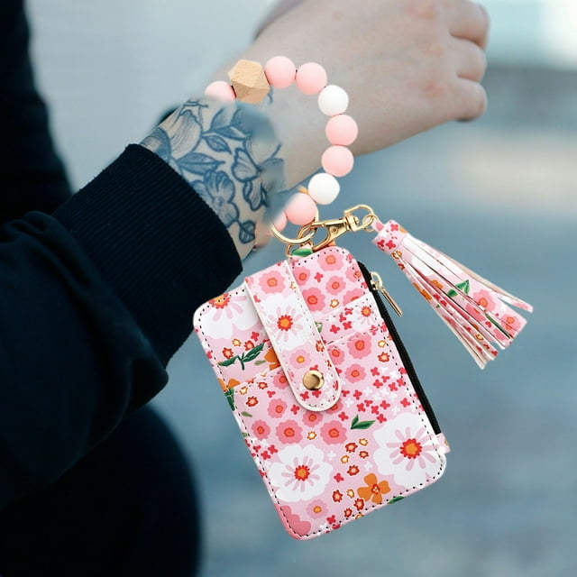 ID Bag Silicone Bracelet Floral Folding Card Holder Printed Leather Wallet Keychain Including Keychain ID Bag Floral Wallet Card Holder