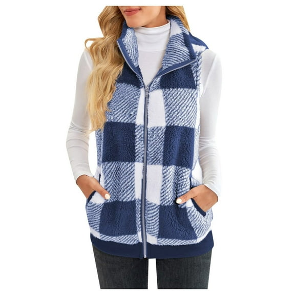 VNKIDY Women Outerwear Vests Autumn Winter Fashion Plaid Double Faced Plush Vest Casual Sleeveless Zipper Vest Jacket Warm Coat With Pockets For Cold Weather Classic Vests
