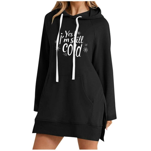 SwiftWear Women's "Yes I'm Still Cold" Print Long Hoodie Long Sleeve Hooded Sweatshirt Pullover with Drawstring Hood, Soft Casual Tops Pocket Black