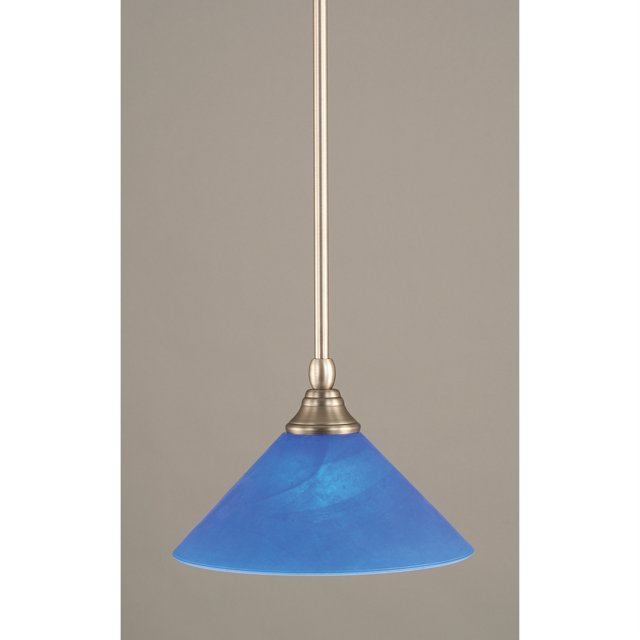 Mini colgante de tallo con eslabón giratorio recto colgante mostrado en acabado de níquel cepillado con vidrio italiano azul de 10 "