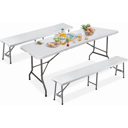 HYYOP Folding Table Set with 2 Benches, 6 FT Camping Picnic Table Set, Outdoor Indoor Portable Furniture for Working Meeting Wedding Party w/Handle and Safety Lock, White