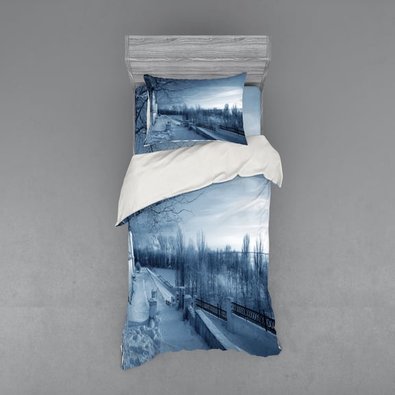 Ambesonne Winter Bedding Set 3 Pcs, Ice Cold Snowy Scenery, Twin, White