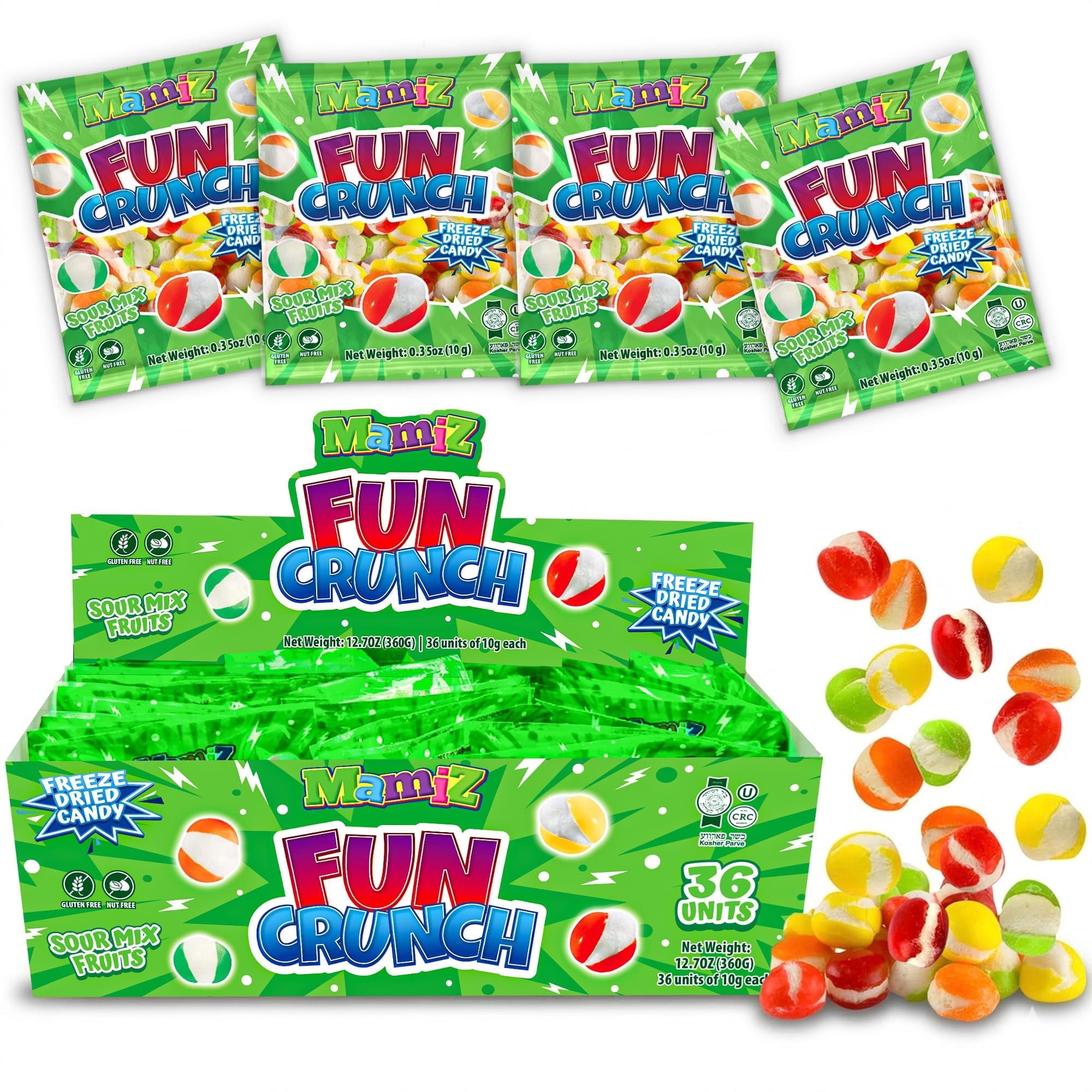 MamiZ Fun Crunch Freeze Dried Candy Sour Mixed Fruit Gluten-Free Nut Free Kosher 36 Count Box
