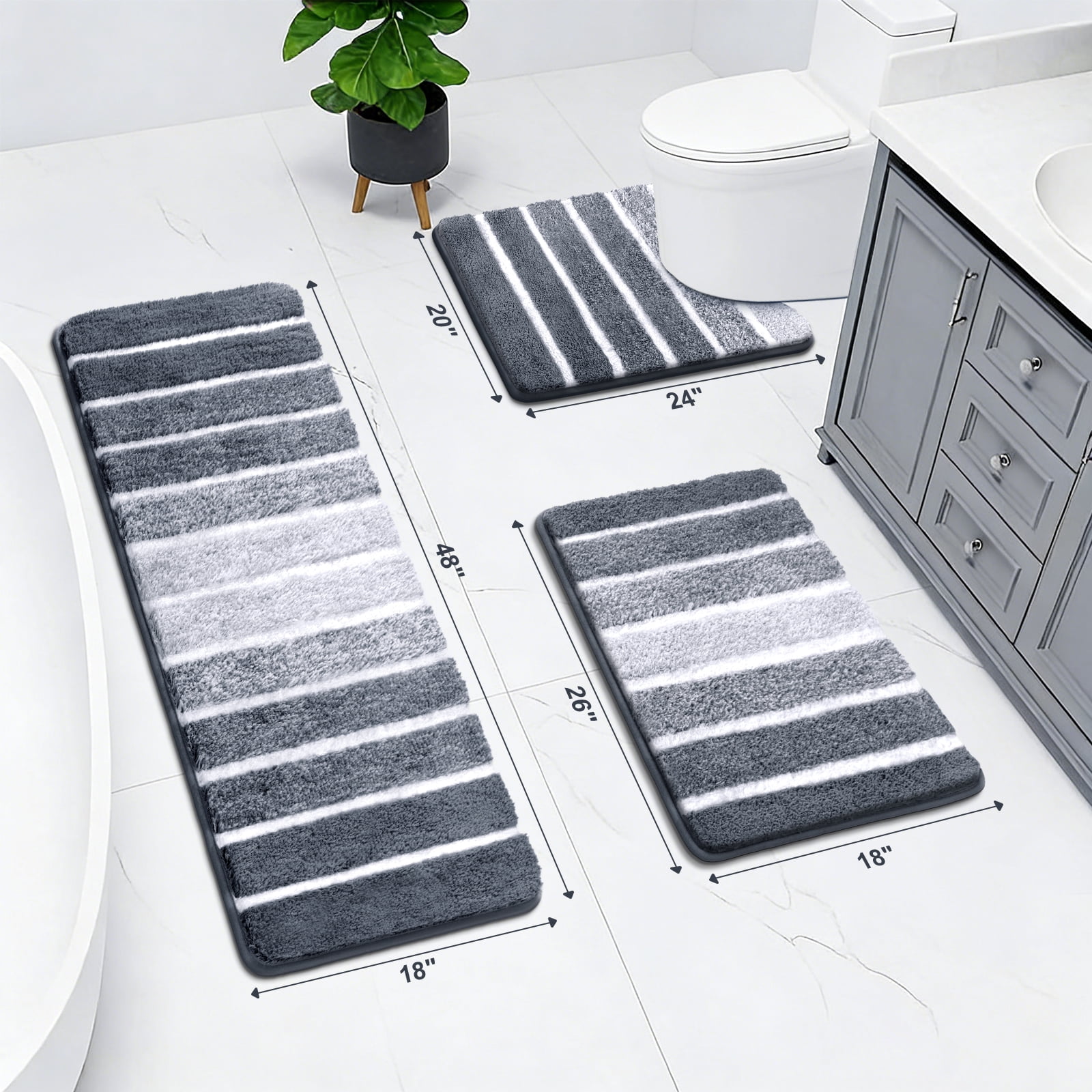 Findosom Bathroom Rugs Set of 3,Absorbent Non-Slip Machine Washable Bath Rugs, Microfiber Quick Dry Bath Mats for Bathroom Floor Tub Shower Bedroom Kitchen,18"x26"+18"x48"+U Shape 20"x24" Gray