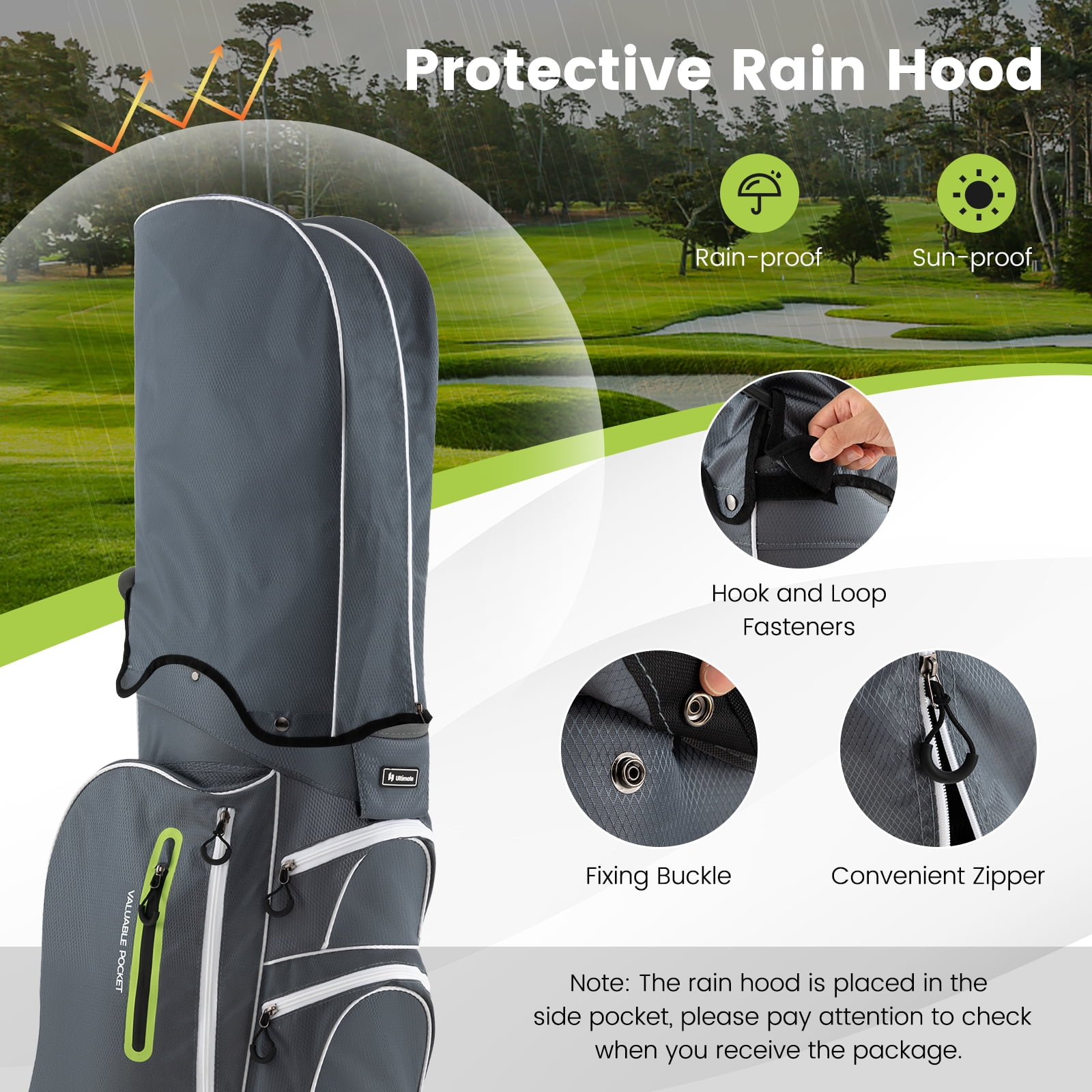 Topbuy 15-Way Golf Cart Bag Golf Club Bag with 15 Ways Organizer Divider Top 7 Zippered Pockets Cooler Bag Umbrella Holder Rain Hood Grey + Green