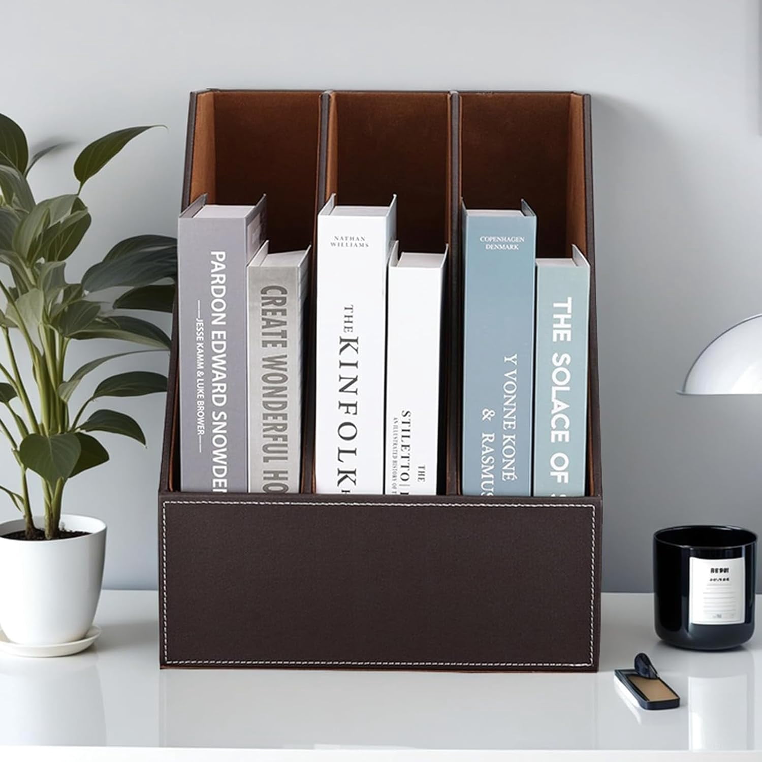3 Tier Leather Magazine Holder - Vertical File Organizer with PU Leather Cover, Handmade Office Desk Organizer for A4/A3 Documents, Magazines, Books - Coffee (3 slot)