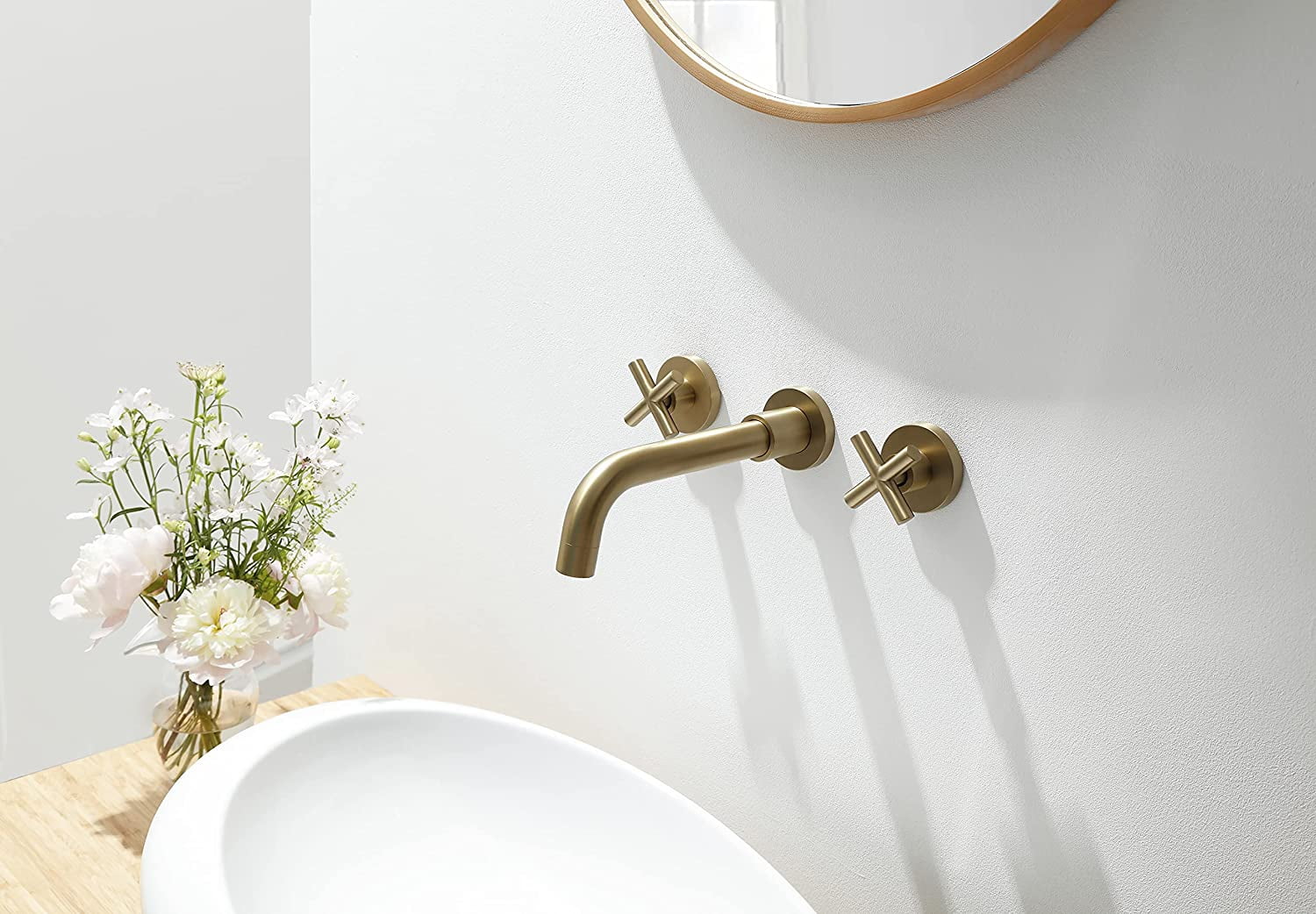 MAYEERTY Wall Mount Bathroom Faucet for Vessel Sink with 2 Cross Handles, Solid Brass, Brushed Gold