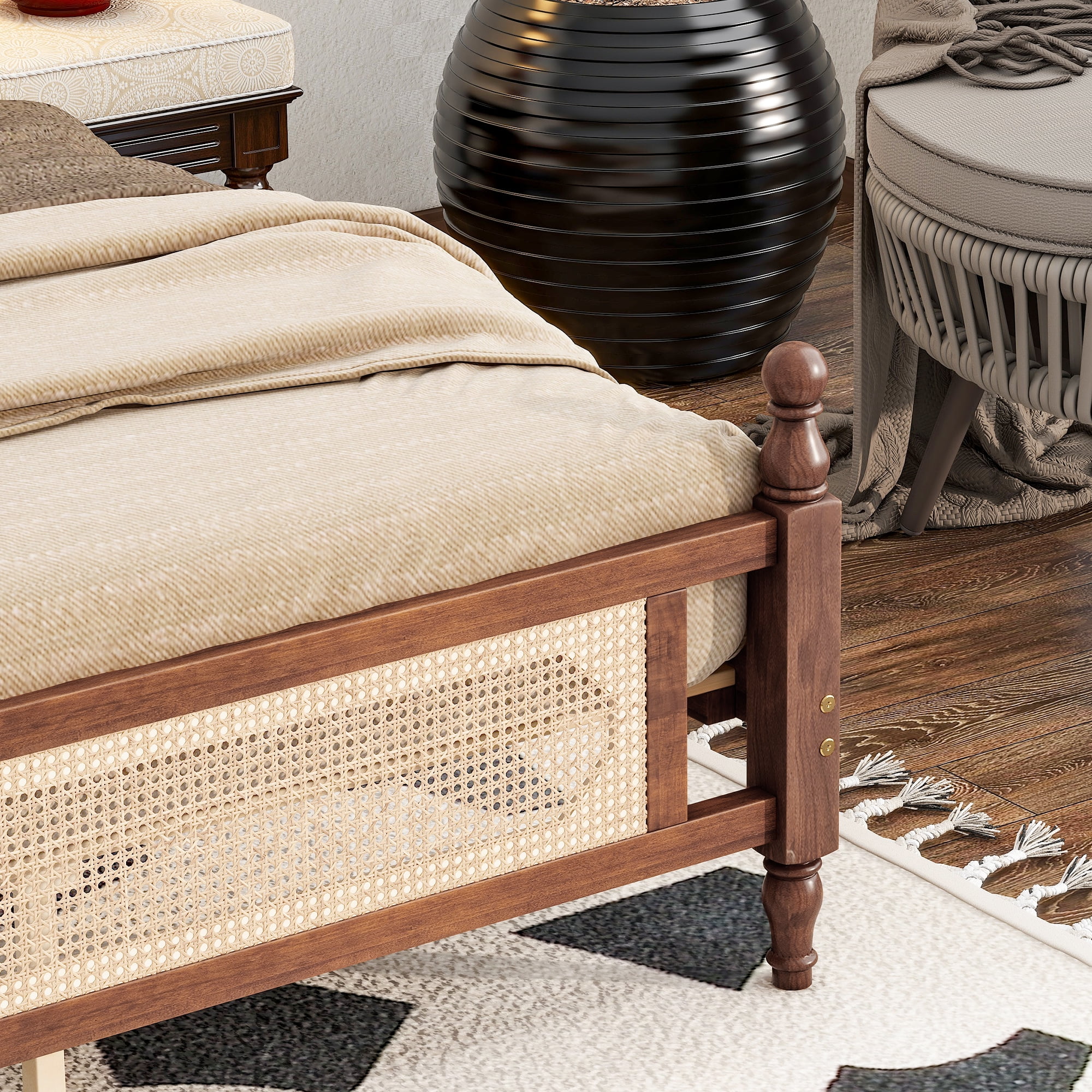 Sailvan King Pine wooden Bed with Rattan Headboard and Footboard, Central Enhanced Bed Platform