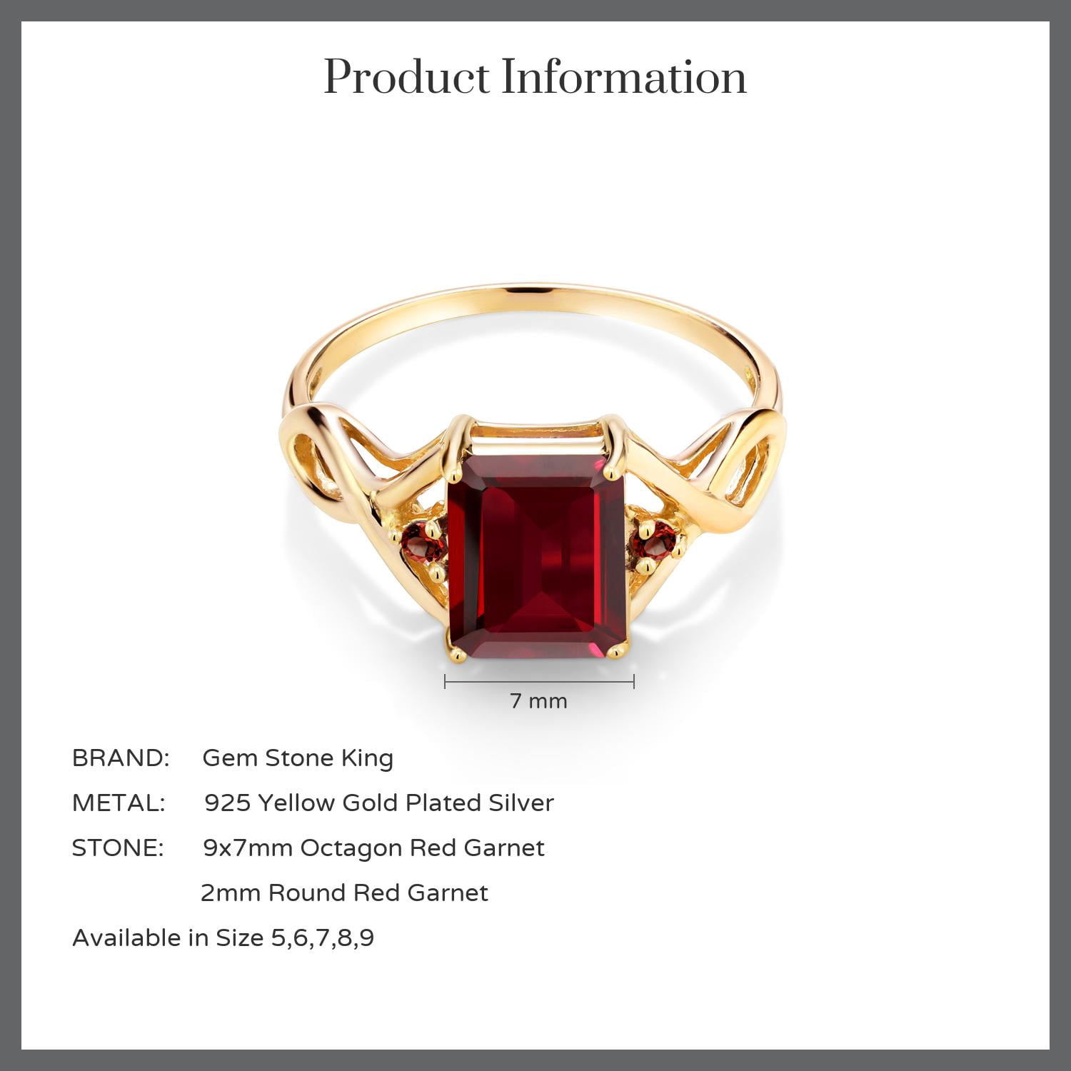 Gem Stone King 2.65 Cttw Red Garnet 18K Yellow Gold Plated Silver 3-Stone Ring for Women | 9X7MM Emerald Cut and 2MM Round | Wedding Engagement Anniversary Promise Ring for Women | Size 8