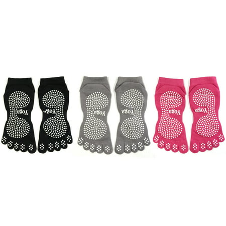 Wrapables® Full Five Toe Non-Slip Yoga Pilates Socks with Grips Set of 3, Black/Grey/Hot (Best Pilates Reformer Socks)