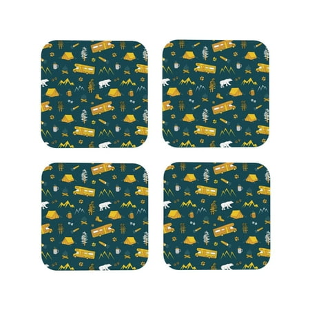 

Fuzoiu Camping Print Leather Coasters Set Drink Coasters Set of 4 for Tabletop Protection Durable PVC Coasters Home Décor and Housewarming Gift-Square