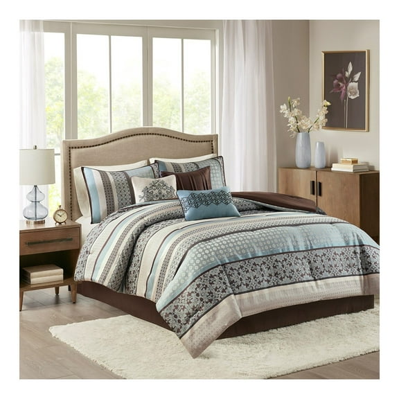 Queen Comforter Set 7 Piece Blue - Princeton Geometric Jacquard Bedding - Modern Floral Design with Decorative Pillows