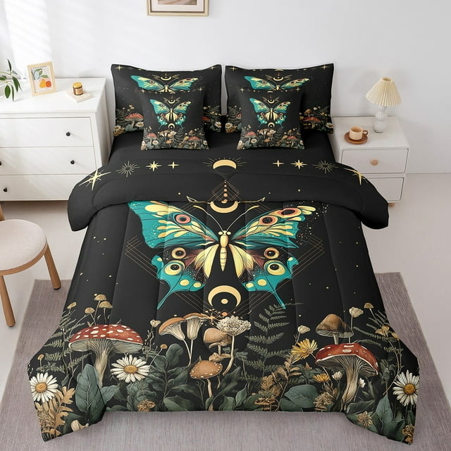YST Butterfly 7-Piece Comforter Set, Trippy Bohemian, Gothic Green, Twin