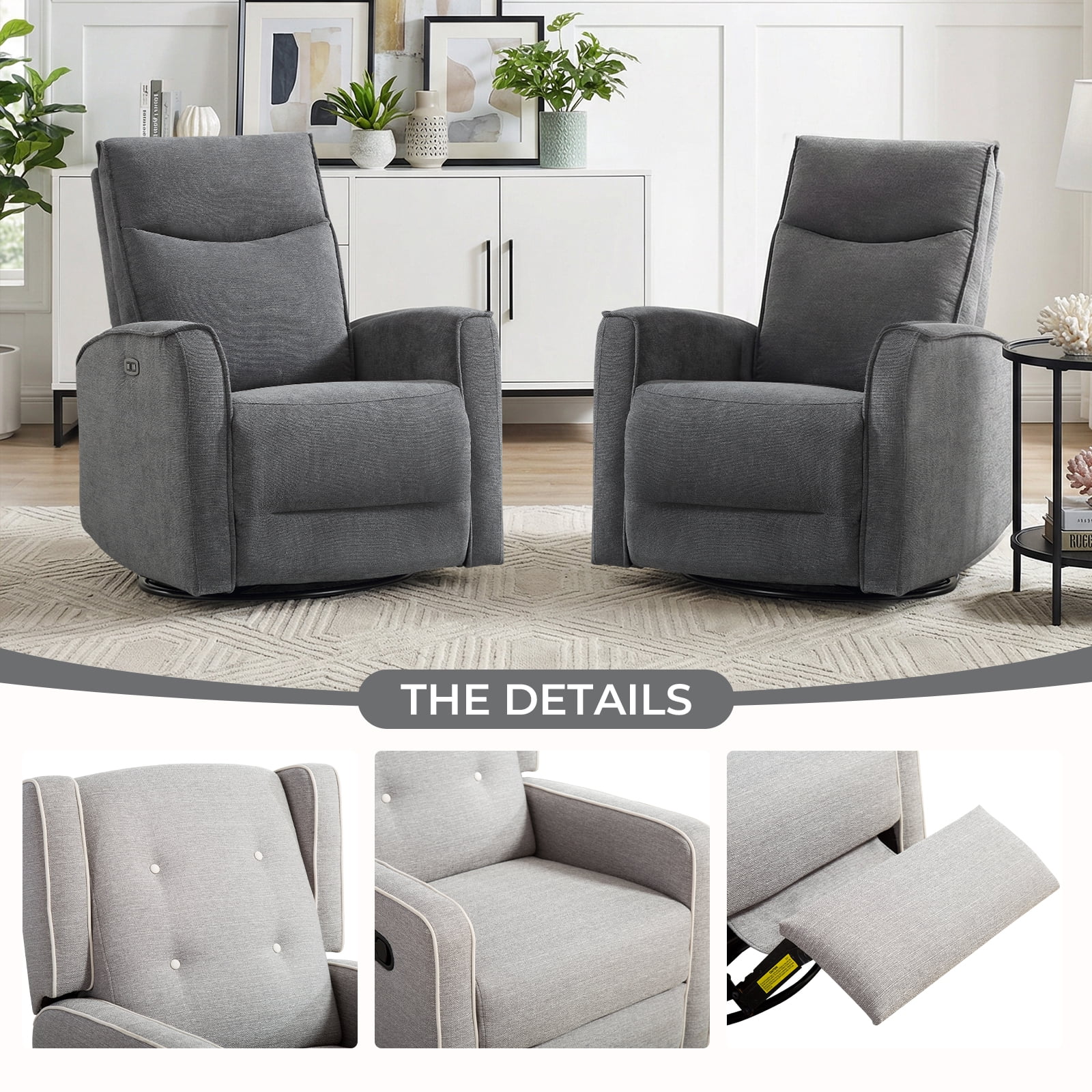 Bonzy Home Electric Recliner Chair Set of 2, 270° Swivel Recliner Fabric Living Room Sofa Chair with USB Ports, Gray