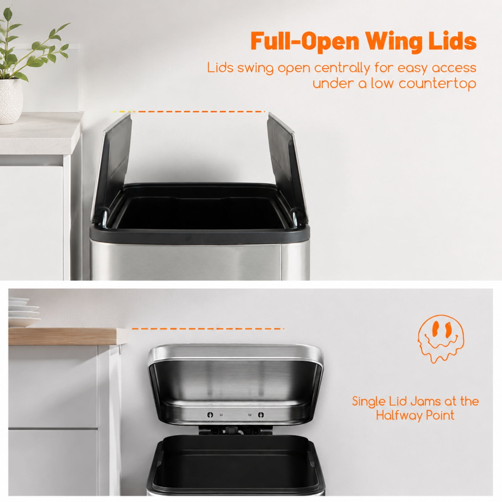 RUIE 12 Gal Stainless Steel Trash Can with Soft-Closing Wing Lids, Step Pedal Kitchen Trash Can with Removable Inner Bucket for Kitchen Living Room Office, Silver