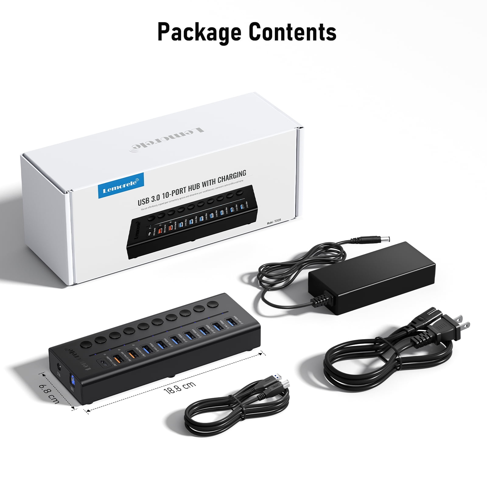 Lemorele 10-in-1 Docking Station, 7 USB 3.0 Hubs + 1 Type-C Port + 2 Type-A Ports for Fast Charging, Independent Switch with Indicator Light, 5gbps Transfer