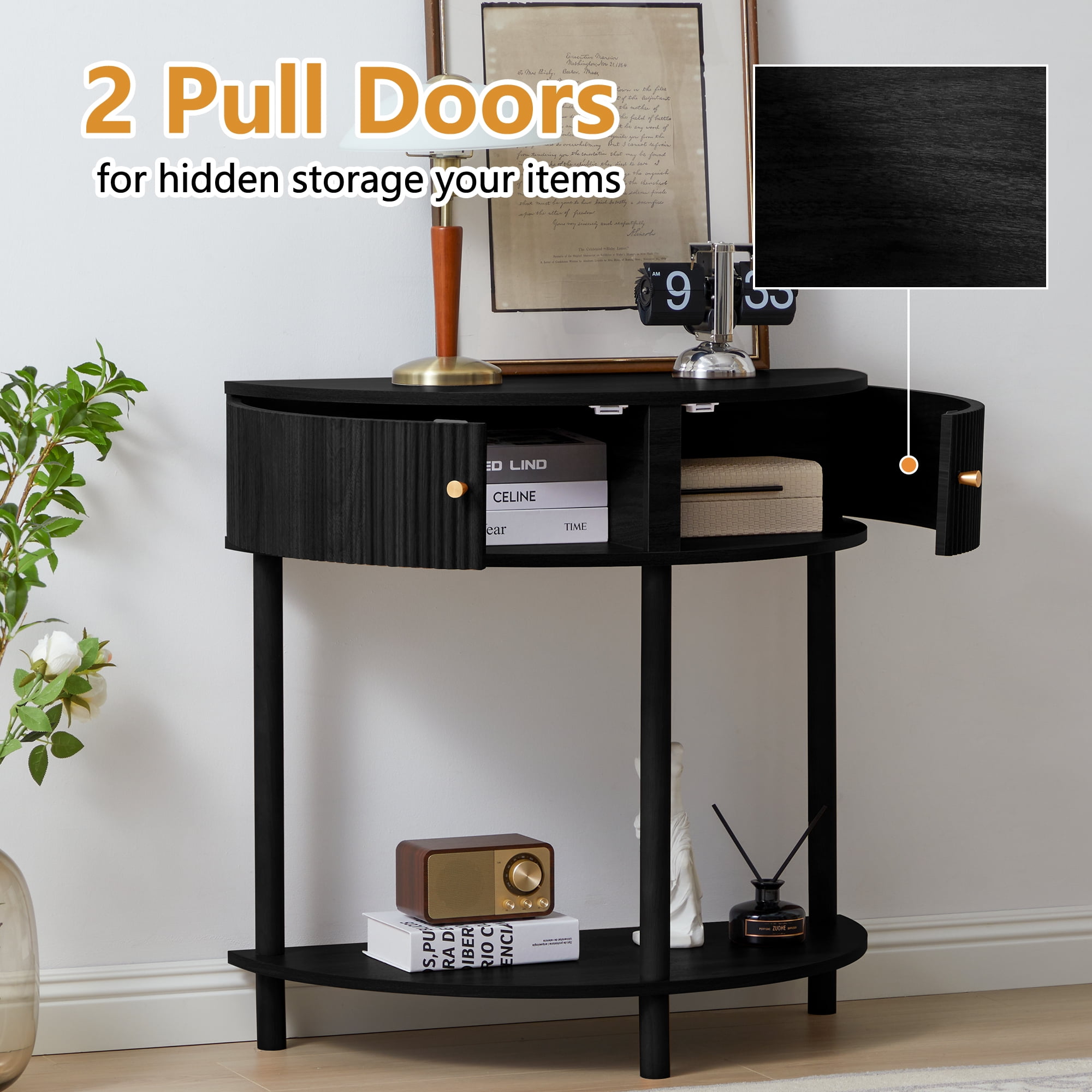 PHOYAL Fluted Half Moon Console Table with Drawers and Storage, Wooden Semi Circle End table with Shelf for Living Room, Half Round Side Table for Entryway Hallway, Black
