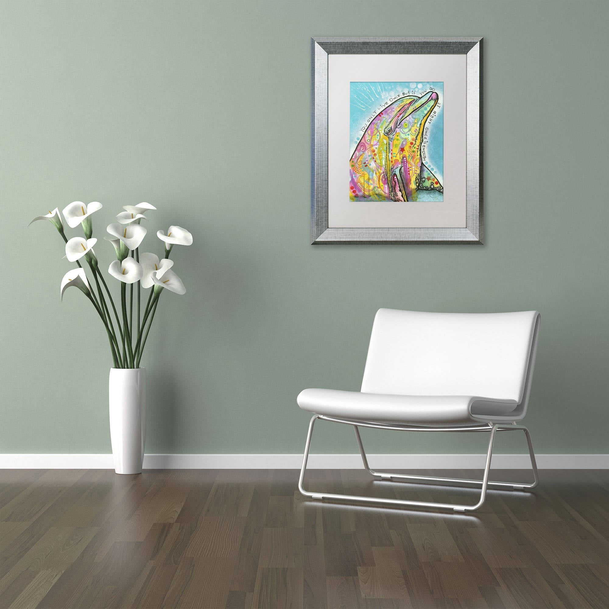 Trademark Fine Art "Dolphin" Canvas Art by Dean Russo, White Matte, Silver Frame