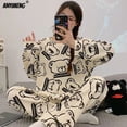 thumbnail image 3 of Conjunto de pijama de algodón con dibujos animados para mujer, ropa de dormir Coreana de manga larga con cuello redondo, bonita para ocio, 3 of 4