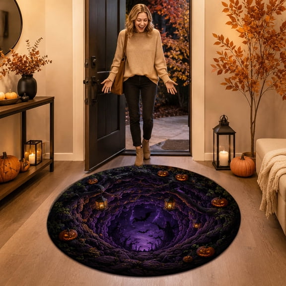 Halloween Theme 3D Visual Optical Floor Mat,Jack-O-Lantern&Bat Purple Cave Design Non- Washable Illusion Round Rugs,for Home,Party,Trick or Treat Entry Decor