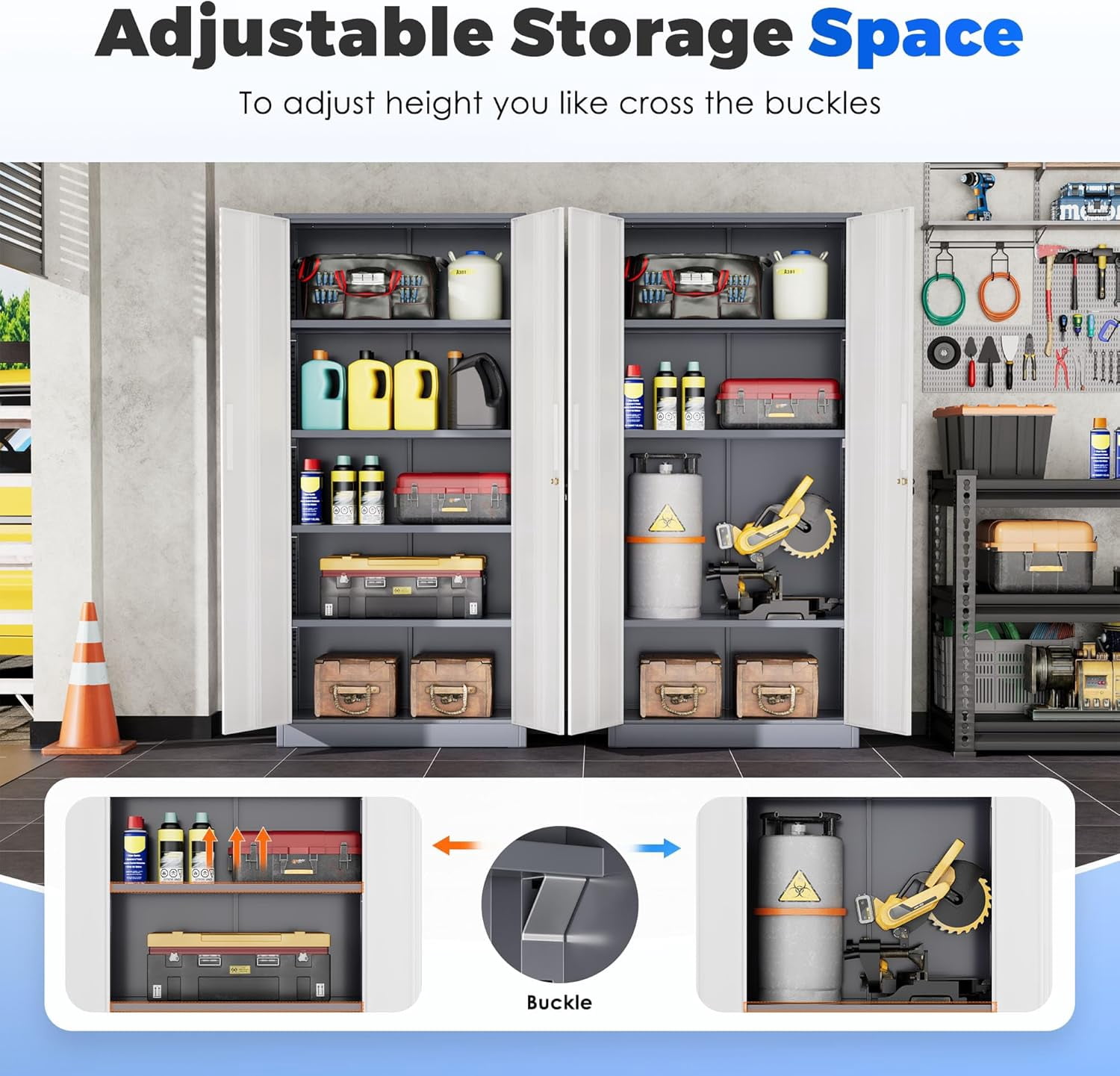 SOLAURA Metal Storage Office Cabinets with Locking Doors and Adjustable Shelves, 71 inch Tall Steel Storage Cabinet for Office, Home (Gray White)