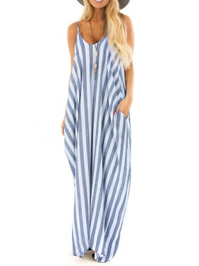 Summer Holiday Women Strappy Striped Long Boho Dress Casual Ladies Beach Maxi Dress Sundress
