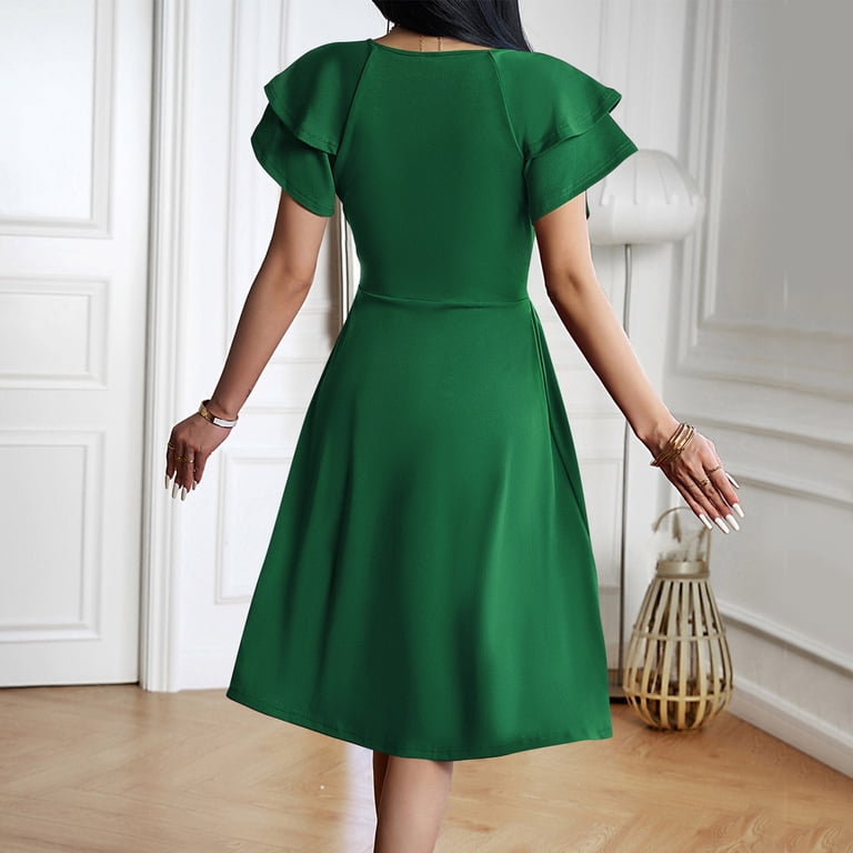 asdoklhq Plaid Dresses for Women Fashion Women's Solid Close Fitting Short  Sleeve-Neck Knee-High Dress Green XL - Walmart.com