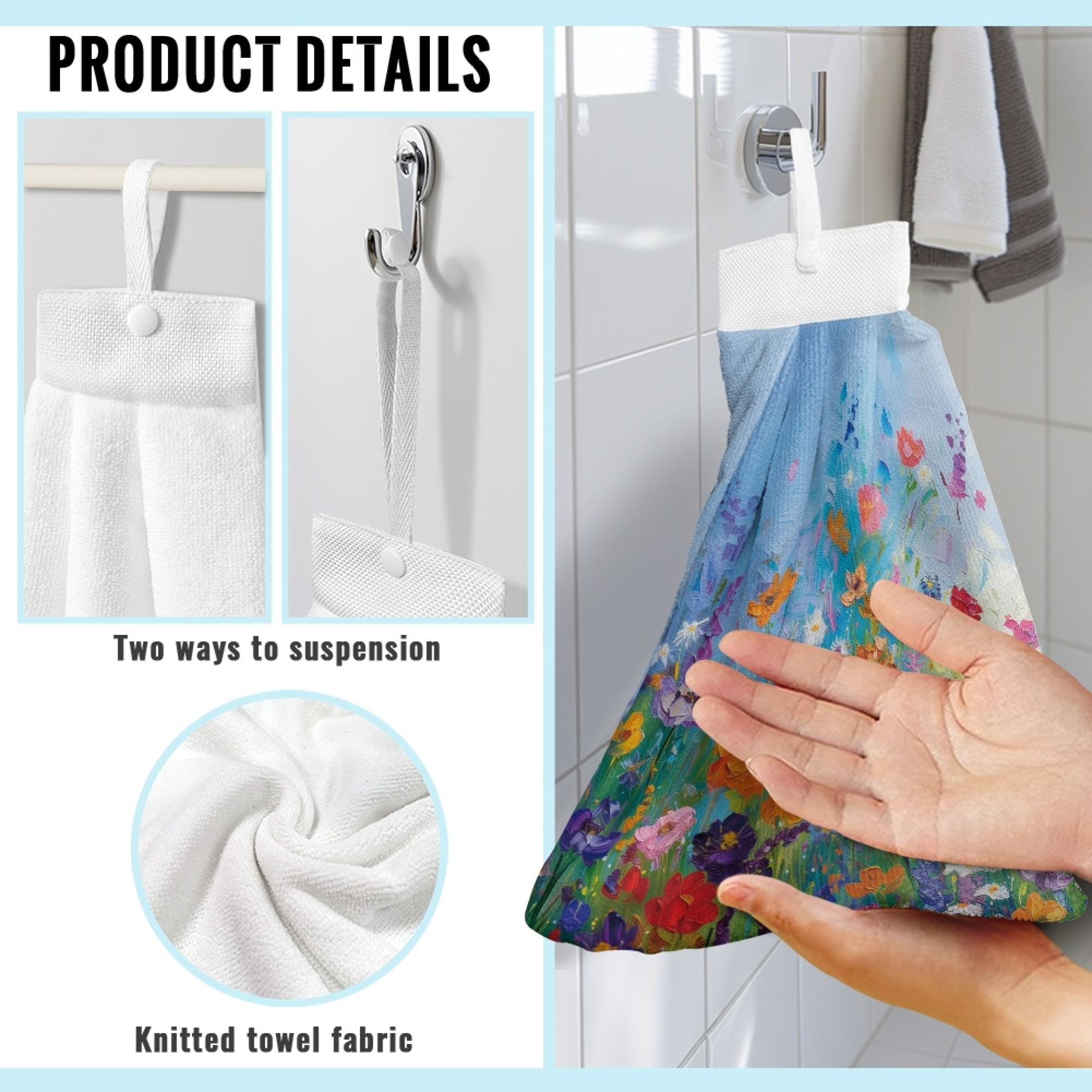 SEANATIVE Flowers Hanging Hand Towels for Kitchen Decorative Fast Drying Hand Towels for Bathroom Set of 3 Portable Hand Dry Towel with Hanging Loop Machine Washable Hang Towel