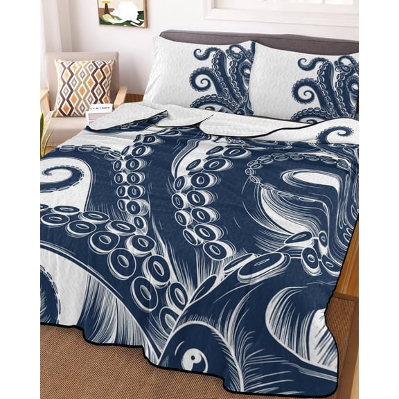 King Quilt Bedding Set, Ocean The Octopus Touches Lightweight Coverlet Summer Comforter Set Soft Microfiber Bedspread, Marine Creature on White 3 Piece Quilt Set with 2 Pillow Shams