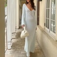 thumbnail image 2 of JIAYUE Women's Swimsuit Cover-Ups Autumn Winter Beach Solid Color V Neck Long Sleeve Sexy Open Back Knitted Hollow Out Ankle Length Swimwear Cover Up Dresses, 2 of 6