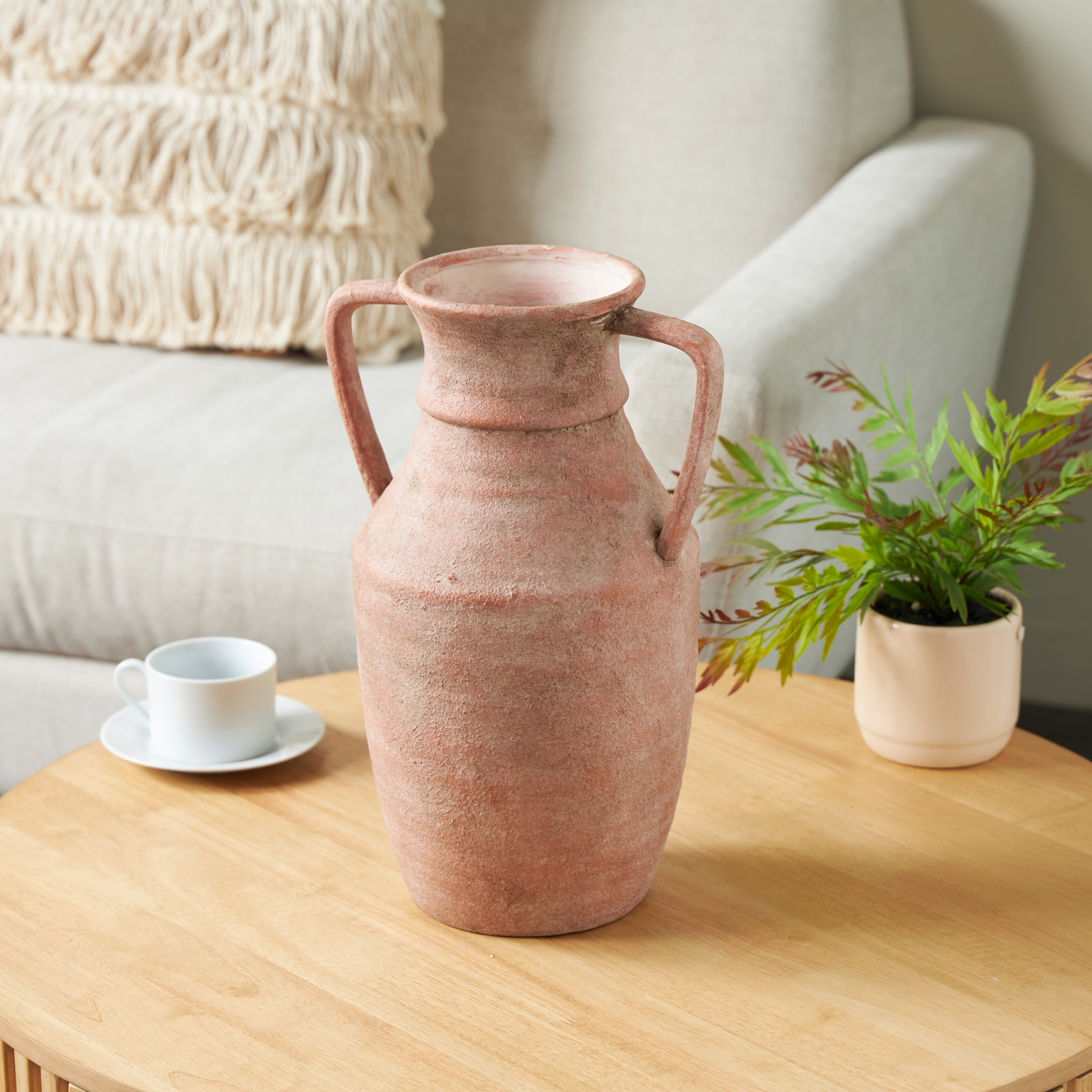 DecMode 16" Antique Style Pink Ceramic Vase with Handles