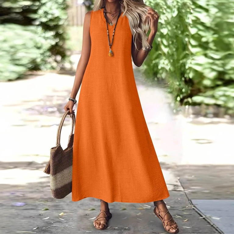 chinese dress ladies Vibrant Orange Linen Belted Maxi Summer Dress main image 1