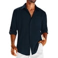 thumbnail image 2 of LZHGirlshop Men's Linen Shirts Casual Button Down Shirt Solid Color Long Sleeve Turn-down Collar with Pocket Tops,Navy Blue,S, 2 of 6