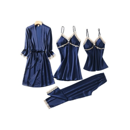 

Haite Women Bathrobe 4 Pieces Nightgowns Kimono Robe Set Lounge Wear Sleepwear Suit Spa Solid Color Pajama Dress Navy Blue 3XL