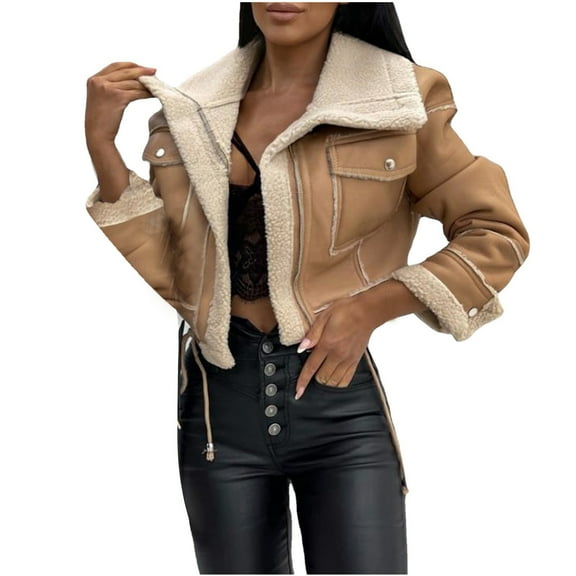 Lovskoo Women's Cropped Leather Jacket Winter Fall Warm Shearling Lined Jacket Short Coat Zipper Motorcycle Style Jacket Khaki