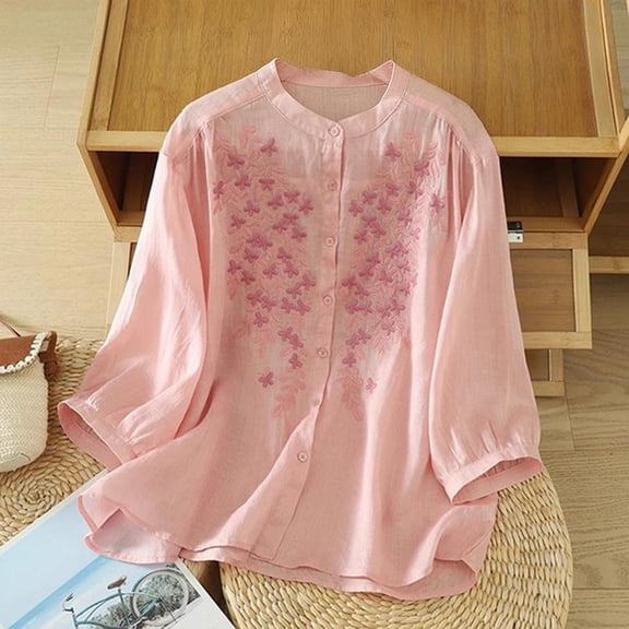 BRGZLK Women's 3/4 Short Sleeve Cotton Linen Floral Embroidered Peasant Shirts Casual Blouses Loose Fit Tops