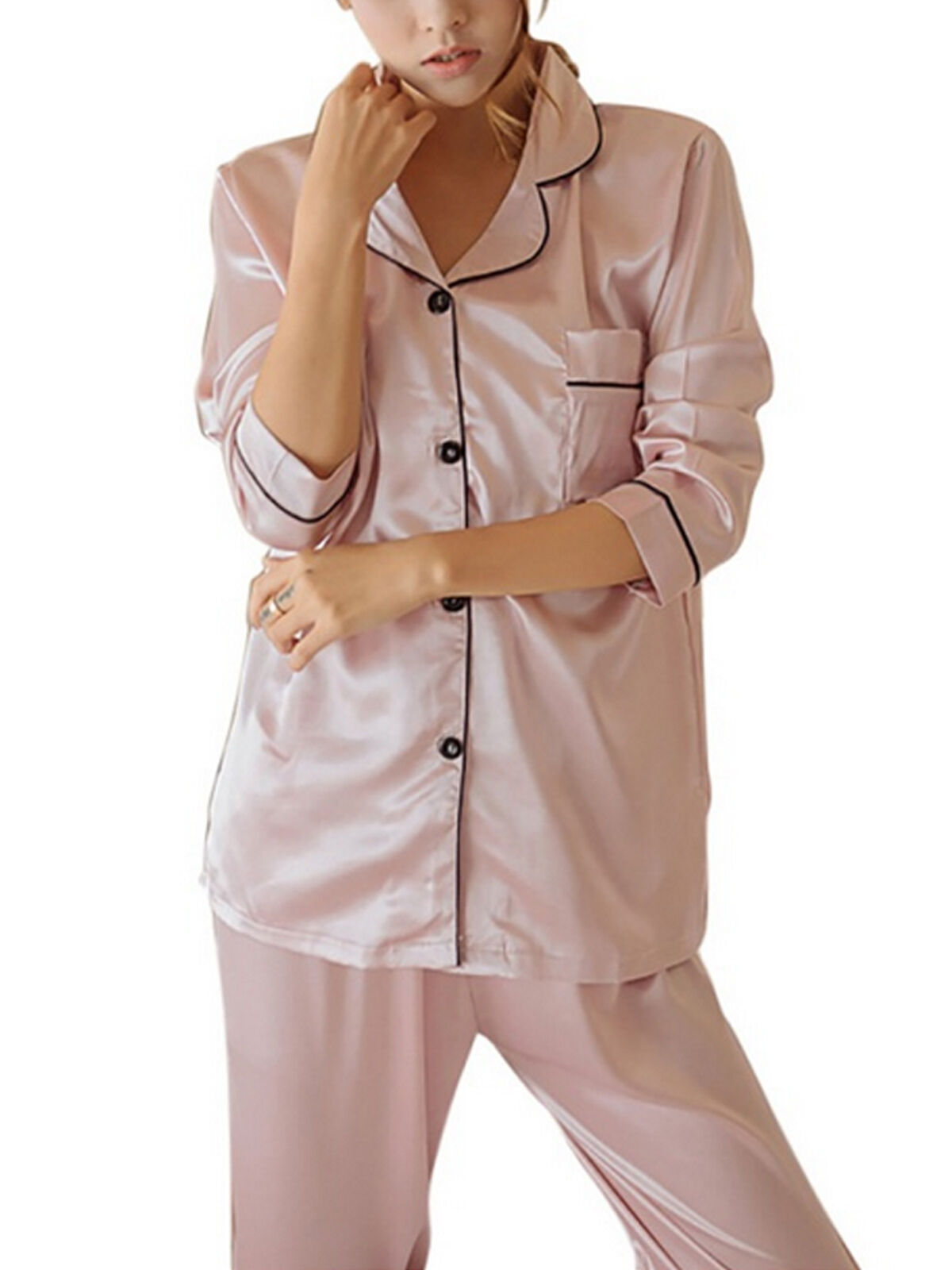 Womens Winter Satin Silk Tops Long Pants Sleepwear Pajamas Sets Pyjama Nightwear