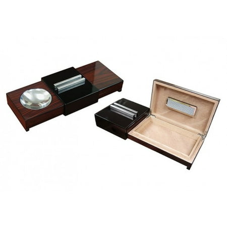 Black Finish Humidor - Sliding Ashtray w/ Humidor & Humidifier - Lacquer Brazilian Rosewood