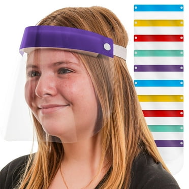 Salon World Safety Kids Face Shields (Pack of 10) - 5 Colors, 2 of Each - Clear Protective Children's Full Face Shields to Protect Eyes, Nose, Mouth - Anti-Fog PET Plastic, Elastic Headband